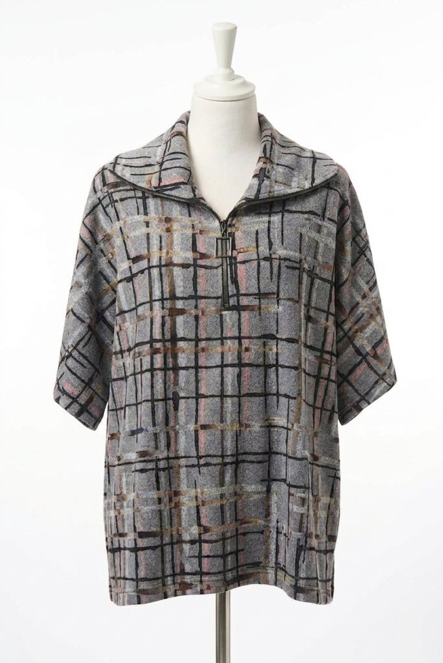 NEW JOSEPH RIBKOFF plaid print zipped collar sweater top